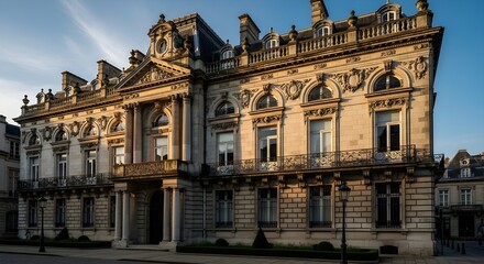 Fototapeta premium Grand Neoclassical City Palace with Tall Columns, Arched Windows, Ornate Stone Balustrades, and Sculpted Details, Illuminated by Warm Sunset Light on a Quiet Street, Evoking Historic European Elegance