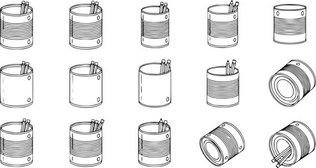 Black and White Line Art Collection of Tin Cans, some serving as Pencil Holders, illustrating Household, Office, and Recycling Concepts © pixraw