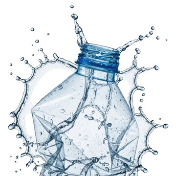 Crystal clear water droplet splashing from a glass bottle with bubbles isolated on transparent background