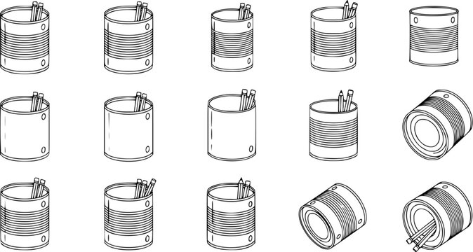 Black and White Line Art Collection of Tin Cans, some serving as Pencil Holders, illustrating Household, Office, and Recycling Concepts