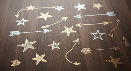 Fototapeta premium Stars and arrows drawn on a wooden surface, symbolizing direction, goals, and pathways.