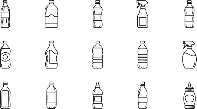 Plastic Bottles Line Art Icons. Set of various outline beverage, water, juice, milk, condiment, and spray cleaner bottles. Food  Household packaging collection.