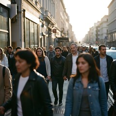 Fototapeta premium Diverse crowd of people walking on a busy city street at sunset.