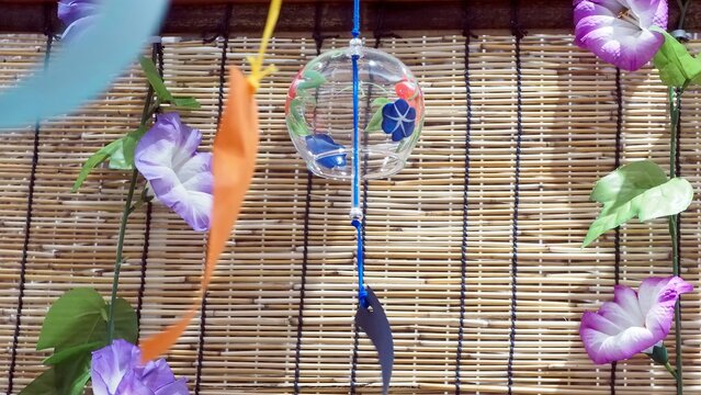 Wind Chime in Japan with Morning Glory and Bamboo Blind