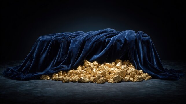 Gold nuggets are piled beneath a draped blue velvet cloth against a dark background.