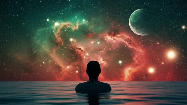 Silhouette in Water Gazing at Cosmic Nebula and Planets Video.