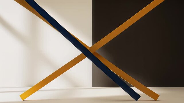 Colored wooden beams cross each other creating an abstract design. Beams are arranged on solid walls in studio-like setting. Concept of design, art, architecture
