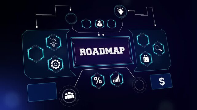 Strategic roadmap concept footage showing a futuristic digital interface for business planning, project timeline explainers, and future growth strategy backgrounds