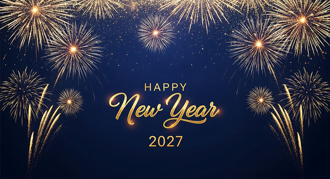 Golden fireworks display with happy new year 2027 text celebration party