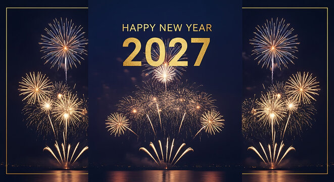 Golden fireworks display with happy new year 2027 text on a dark background