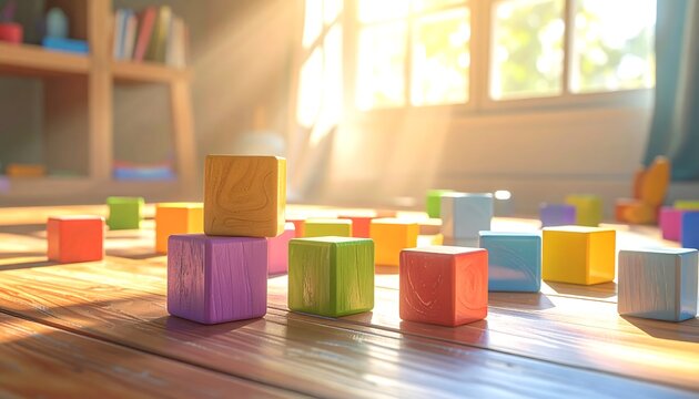 A sunny room with colorful wooden blocks on a table