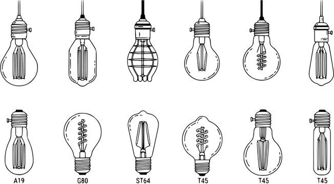 Lighting Industry Vector: Black  White Line Art Illustration Set of Vintage Filament Light Bulb Types for Electrical, Interior Design, and Retro Decor Projects