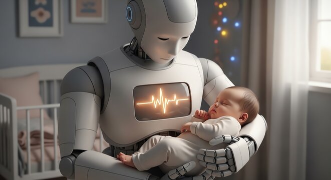 Robot holding sleeping baby in nursery room