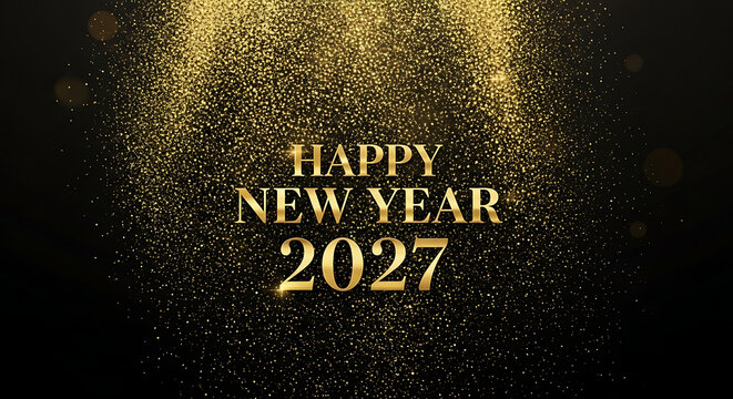 Golden glittery happy new year 2027 text on black background, sparkles