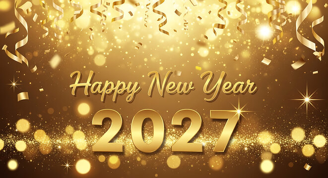 Golden festive sparkle happy new year 2027, with confetti and glitter