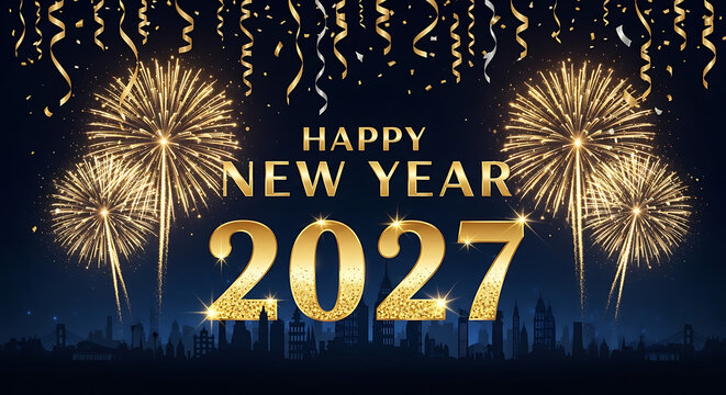 Golden fireworks and confetti with happy new year 2027 text on a cityscape