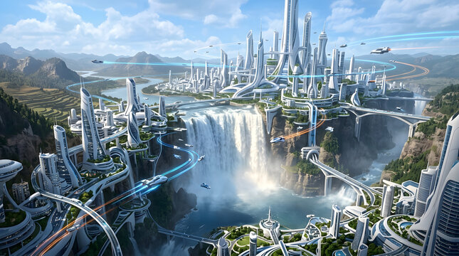 A breathtaking visionary metropolis seamlessly integrated with a majestic natural landscape, featuring sleek futuristic architecture, advanced transportation systems, and a stunning waterfall