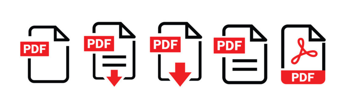 PDF file format icons set. PDF file download symbols. Format for texts, images, vector 