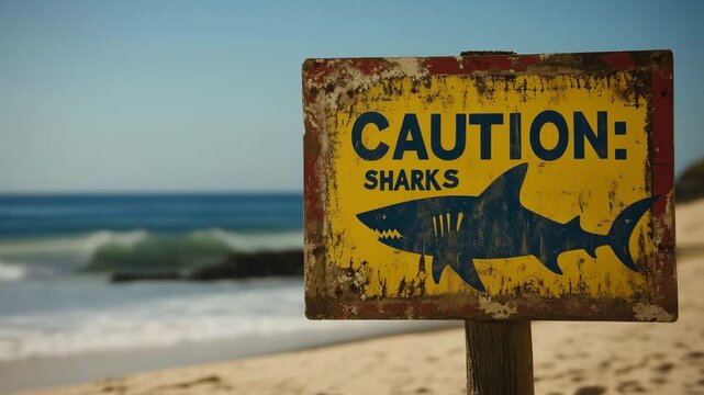 A caution sign alerts beachgoers to the presence of sharks in the water during sunny daytime hours by the coast