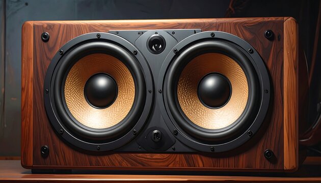 A close-up of a wooden speaker with two large woofers