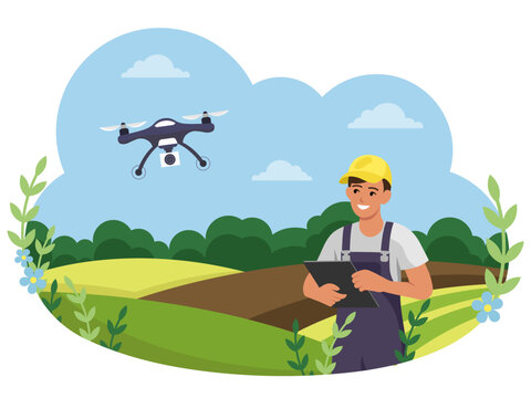 A farmer with a tablet and smart drone over fields in cartoon style on sky. Vector illustration
