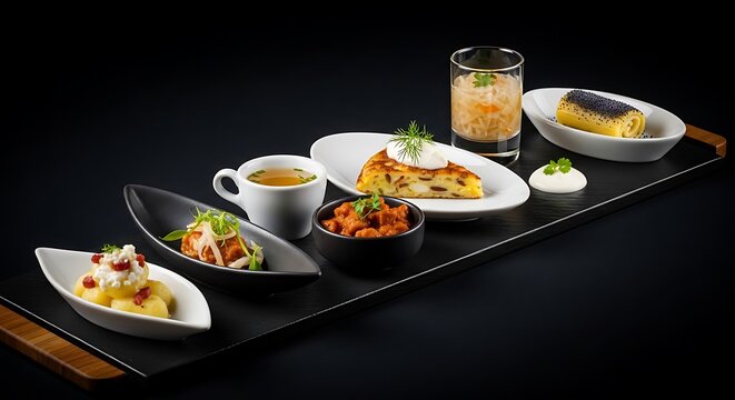 Gourmet appetizer platter with diverse small bites and a sophisticated presentation on a dark tray