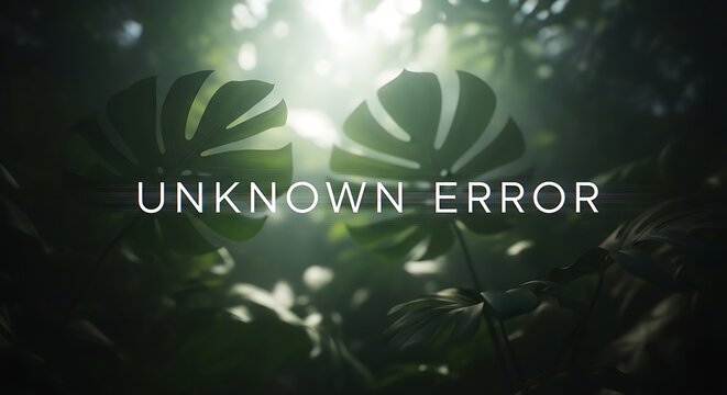 Unknown error text over blurred tropical leaves with tropical abstract background disruption.