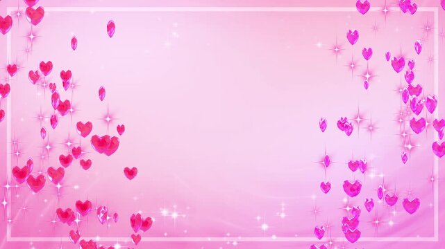 looping video of heart-shaped jewels floating up on both sides, cute pink wedding background.
