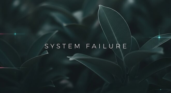 System failure text on blurred green plant leaves with disconnect background technology malfunction