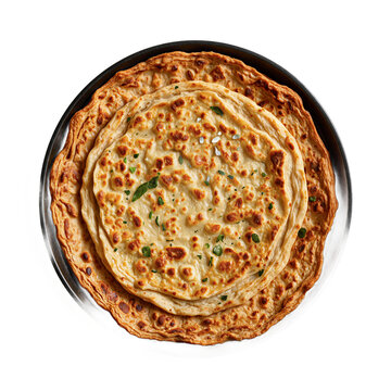 Paratha flatbread isolated stacked golden brown indian flatbreads on a black plate cut out on a transparent background