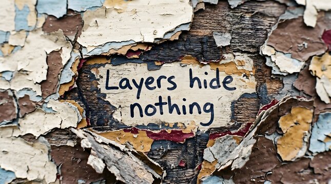 Peeling paint wall with "Layers hide nothing" note showing handwritten affirmation aesthetic photography for truth emerging through decay and the futility of concealment