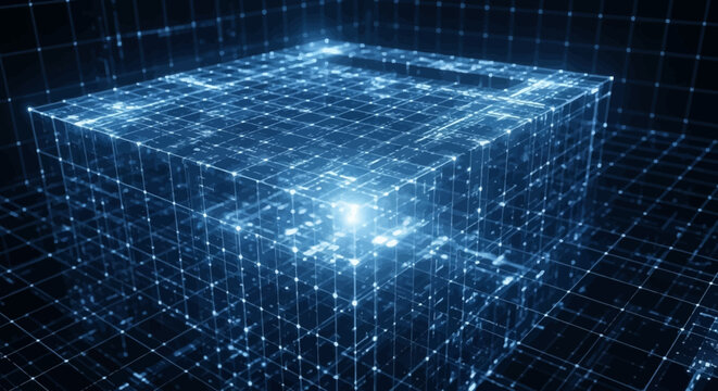 Abstract glowing blue wireframe cube structure representing data, network, or digital technology.