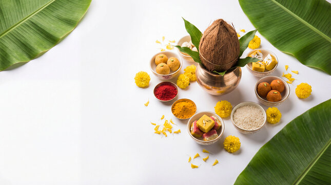 Sacred Indian ritualistic including a coconut in a pot with marigold flowers and spices arranged with sweets and rice on a white background for religious ceremonies and auspicious occasions