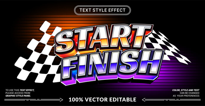 Editable text effect vector &ldquo;Start Finish&rdquo; features bold dynamic 3D lettering with racing vibes, gradient highlights, and checkered flag elements perfect for motorsport and speed themes.