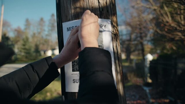 Hands attaching missing puppy poster to wooden pole, suburban street scene with public notice searching for lost dog