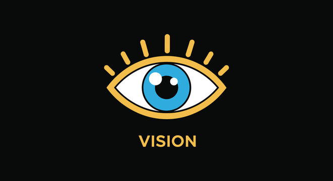 Stylized eye with radiant lines and the word vision silhouette