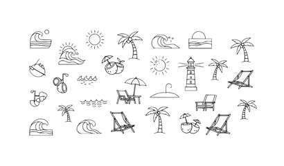 Fototapeta premium A collection of beach icons and illustrations in a minimalist line art style
