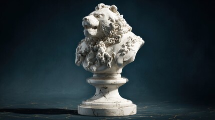 Fototapeta premium White marble bust of a fierce lion stands against a dark textured background.