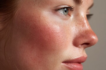 Fototapeta premium side profile female face rosacea redness on cheek area, natural light,