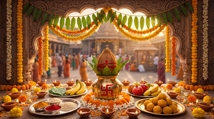 Vibrant Hindu Kalash pooja ceremony with people in the background fruits spices flowers and diyas set against a temple backdrop
