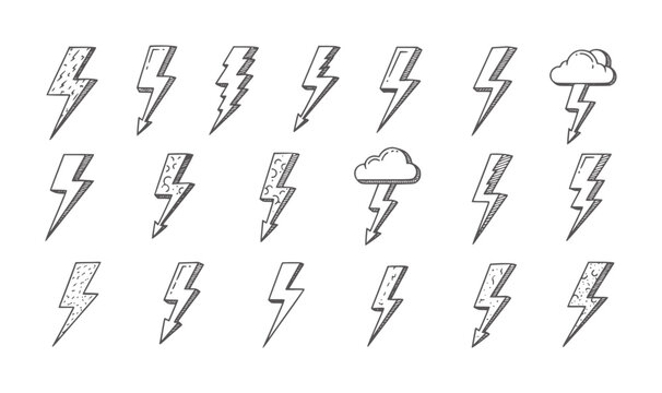 Hand drawn lightning bolt and cloud with lightning thunder storm