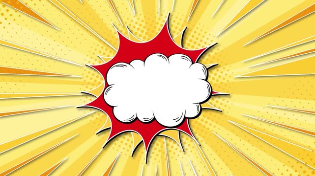 Explosion comic book speech bubble animation on yellow sunburst background with dynamic motion.