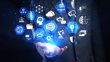 Naklejka premium AI Assistant Brain Processor with LLM Technology, Big Data, Machine Learning, Generative AI for Business Support, Future Agentic AI Technology and Artificial Intelligence Prompt Engineering. Spire