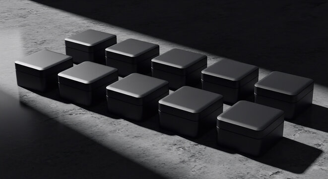 A series of 12 square boxes arranged in a modern geometric pattern on a textured concrete surface under dramatic moody lighting and soft shadows