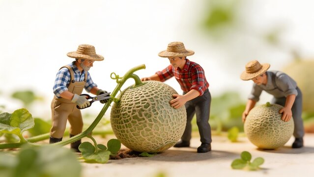 Miniature farmers harvesting melons