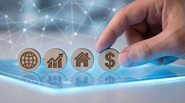 Financial protection life insurance service online health concept with wooden icons and hand on digital tablet