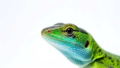Fototapeta premium Green Lizard Closeup Portrait on White Background.