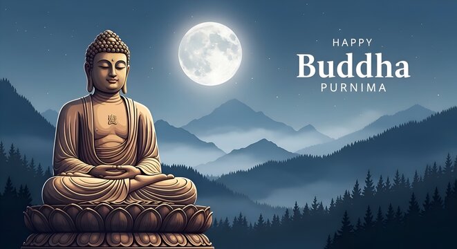 Buddha Purnima peaceful night landscape with meditating Buddha statue under full moon in mountain valley symbol of wisdom enlightenment spiritual festival Mahavir