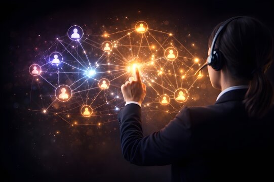 Representante de ervicio al cliente interactuando con interfaz de inteligencia artificial flotante.