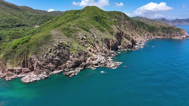 Aerial Drone Steep Dramatic Cliffs Hon Kho Island Turquoise Sea Quy Nhon Vietnam